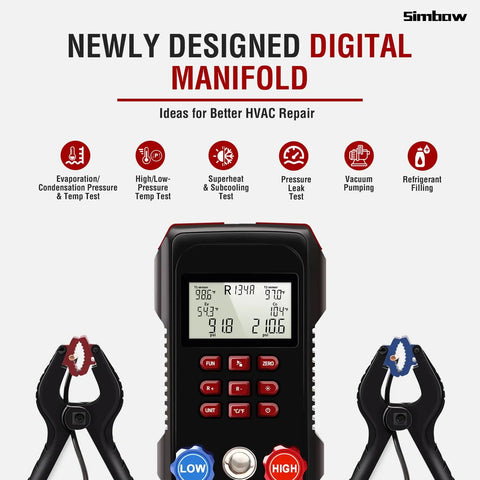 Digital Manifold Gauge Set for HVAC Pros: Dual Pressure and Temperature Readouts, Digital AC Gauge Kit with 3000 PSI Hose, Two-Color Temperature Clamp, Fast Vacuum, Leak Test, and Precise Superheat Subcooling Calculations