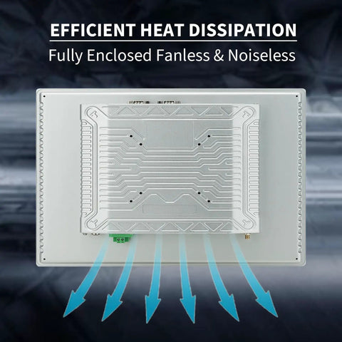 Efficient heat dissipation of Rugged 15.6 Inch Android 11 Industrial Embedded Interactive Touchscreen Monitor with enclosed fanless design.