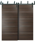 Double Bypass Barn Sliding Doors Set In Chocolate Ash Brown Finish 72 By 96 Inches Includes Six Point Six Foot Rails Heavy Top Mount Two Track Hardware Complete Closet Modern Solid Core Doors With Floor Guides Hangers And Stops displayed on a white background.