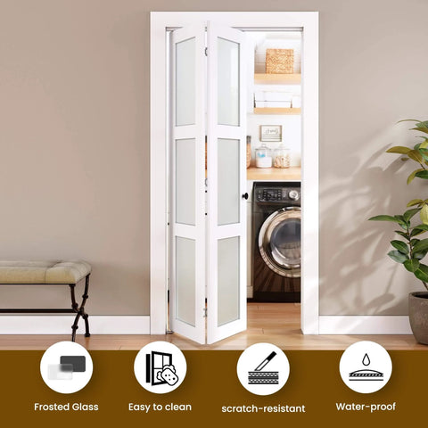 Bifold Door for 28 by 80 Opening With Tempered Frosted Glass in White Finish, Waterproof PVC Surface, Easy Install Hardware Kit Included