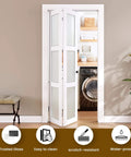 Space-Saving Bifold Door For 30x80 Opening, Tempered Frosted Glass Closet Folding Barn Door With Hardware Kit, Waterproof PVC Surface, Easy Install White shown in laundry room