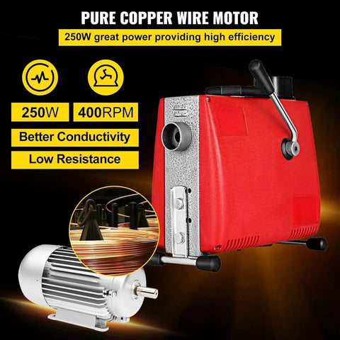 Powerful 250W Electric Handheld Drain Auger Snake showing pure copper wire motor for efficient clog removal.