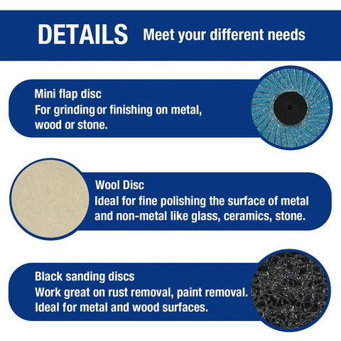 101 Piece 2 Inch Sanding Discs Kit With One Quarter Inch Holder Pro Grade Set details including mini flap, wool, and black discs.