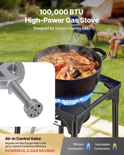 Single Burner Outdoor Propane Gas Stove 100,000 BTU LPG Camping Cooker with shrimp boiling, heavy duty carbon steel stand