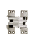 Heavy Duty Concealed Hinge For Two Inch Metal Doors Featuring Alloy Steel Build And One Eighty Minute Fire Rating With A Smooth Satin Nickel Exterior Finish that shows top view details and hinge mechanism.