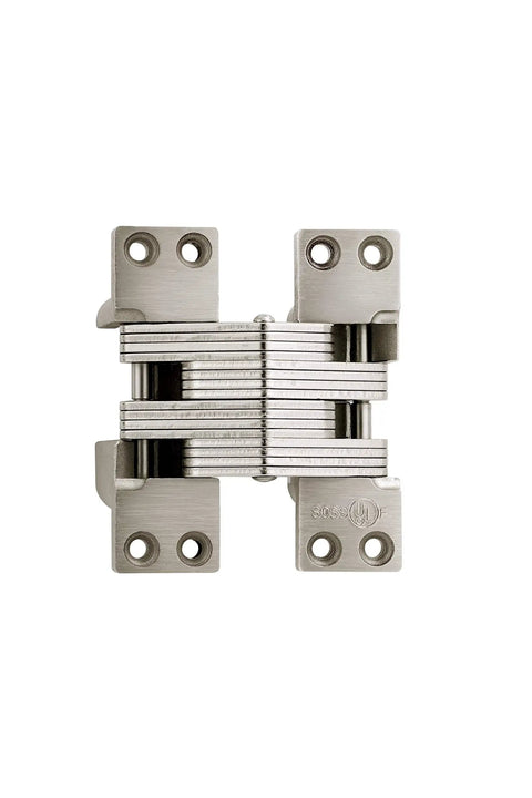 Heavy Duty Concealed Hinge For Two Inch Metal Doors Featuring Alloy Steel Build And One Eighty Minute Fire Rating With A Smooth Satin Nickel Exterior Finish that shows top view details and hinge mechanism.