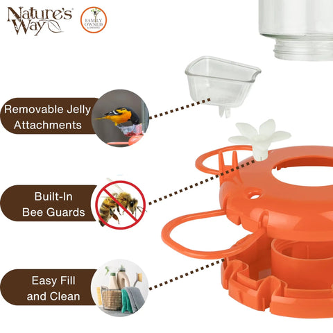 Close-up of Hanging Glass Oriole Feeder For Yard Birds, 30 Ounce Nectar Feeder With Jelly Dishes And Orange Fruit Holders showing parts