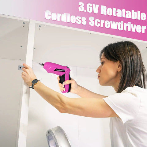 Woman using Pink 205-Piece Tool Kit For Gals with USB Electric Screwdriver to assemble a cabinet