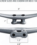 Top Shelf 8 Inch Galvanized Cast Iron Boat Dock Cleat Rigged Up For Heavy Duty Marine Tie Downs, showing dimensions and screw sizes.