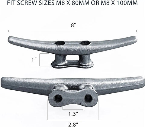 Top Shelf 8 Inch Galvanized Cast Iron Boat Dock Cleat Rigged Up For Heavy Duty Marine Tie Downs, showing dimensions and screw sizes.