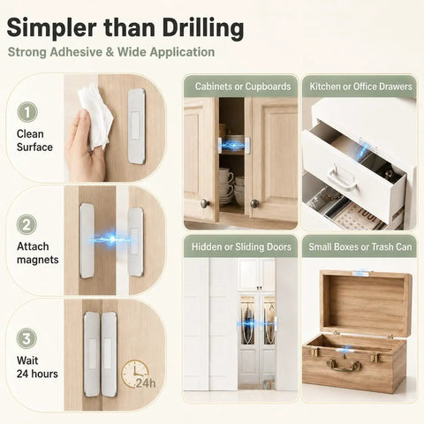 Six Pack Magnetic Cabinet Door Catches Ultra-Thin Adhesive Latches shown securing cabinets and drawers for easy and effective use.