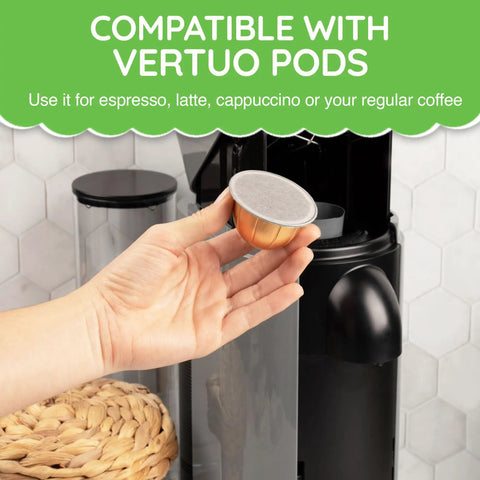 Hand holding Vertuo pod for Coffee Pod Paper Filters For Nespresso VertuoLine Brewers Use With Reusable Caps To Refill Your Own
