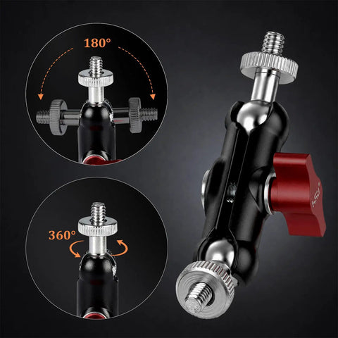 Dual Ball Head Magic Arm For Rock Solid Camera Gear With Universal One Quarter Inch Screws On Both Ends Fits DSLR And Mirrorless Cages Field Monitors LED Lights External Mics Action Cameras Phones Tripod And Gimbal Accessories, black metal arm