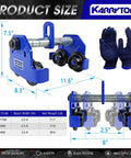 Diagram showing 1 Ton Beam Trolley with heavy duty manual push, adjustable flange width from 2.5 to 8 inches, dual track rollers.