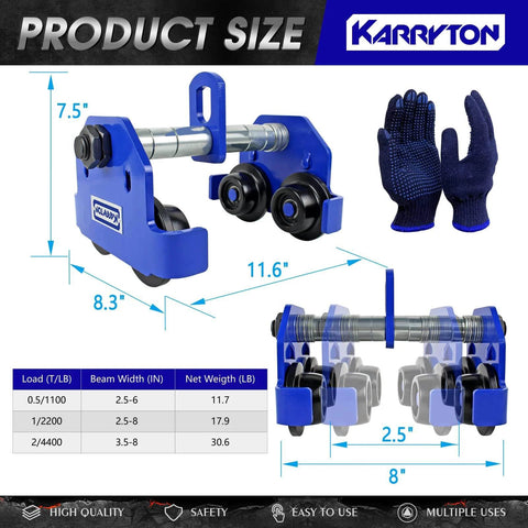 Diagram showing 1 Ton Beam Trolley with heavy duty manual push, adjustable flange width from 2.5 to 8 inches, dual track rollers.