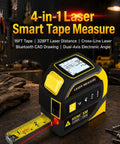 Badass 4 In 1 Laser Tape Measure With 328 Ft Range And 16 Ft Self Locking Blade featuring dual-axis level and measuring display.