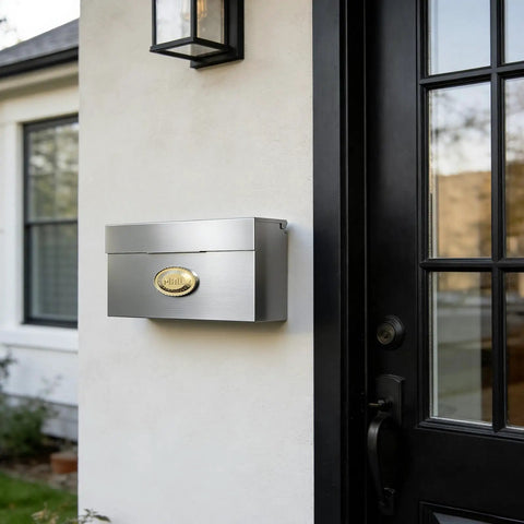 Weatherproof Wall Mount Mailbox Outdoor Heavy Duty Stainless Steel Drop Box Keeps Mail Dry In Rain With Drip Edge Design 3.75 By 14.5 By 7.1 Inches Silver mounted on white wall.