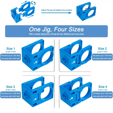 Pro Grade Door Lock Installation Kit With No Sweat Adjustable Guide Jig And Dual Hole Saw Set Plus Hex Key for four door sizes.