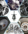 Heavy Duty Three Jaw Gear Puller, 2 Ton Pulley Removal Tool for gears, pulleys, flywheels shown with engine parts and bearings.