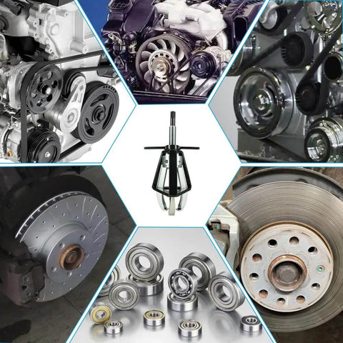 Heavy Duty Three Jaw Gear Puller, 2 Ton Pulley Removal Tool for gears, pulleys, flywheels shown with engine parts and bearings.
