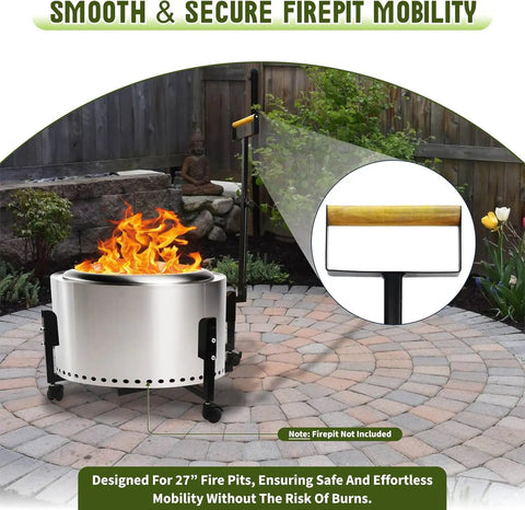 Rolling Fire Pit Stand With Telescoping Handle And Wheels For 27 Inch Smokeless Pits on patio with fire burning.