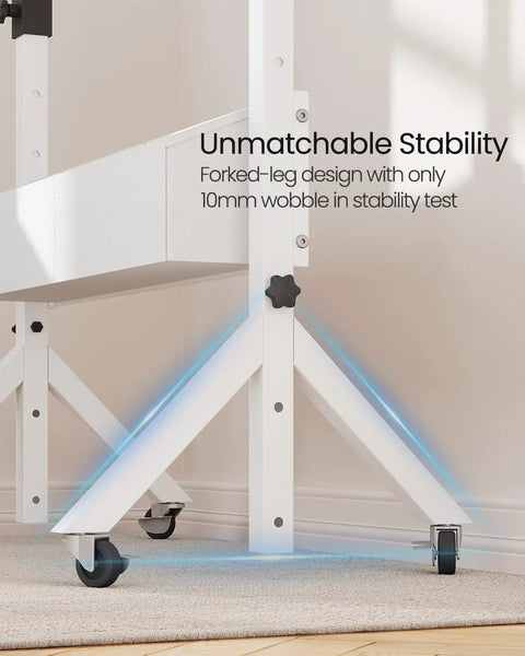 Forked-leg support of mobile standing desk with wheels, highlighting stability feature. Height adjustable from 28.3 to 46.3 inches.