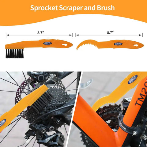 Sprocket scraper and brush from Eight Piece Precision Bicycle Cleaning Tool Kit With Chain Scrubber and Bike Clean Mitt