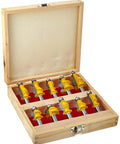 Pro Grade 10 Pc Half Inch Shank Router Bit Kit For Serious Woodworkers And Weekend Warriors in wooden case with red lining.