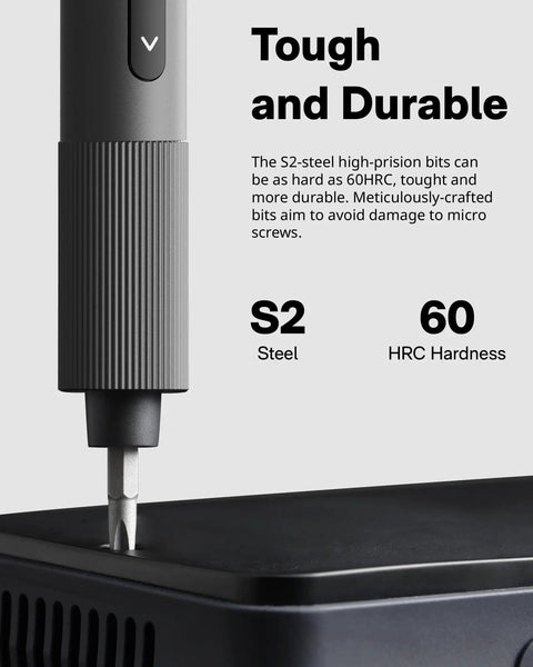 Dope 25 In 1 Mini Electric Screwdriver Set With USB C Rechargeable Power showing tough S2 steel bits.