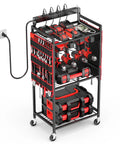 Power Tool Organizer Cart for Garage With 8 Outlet 3 USB Charging Station, Rolling Tool Storage on Wheels for Drills and Batteries