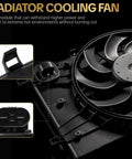 Close-up view of No Sweat Plug And Play Engine Radiator Cooling Fan Assembly for easy installation on Chevrolet Cruze and Buick Verano.