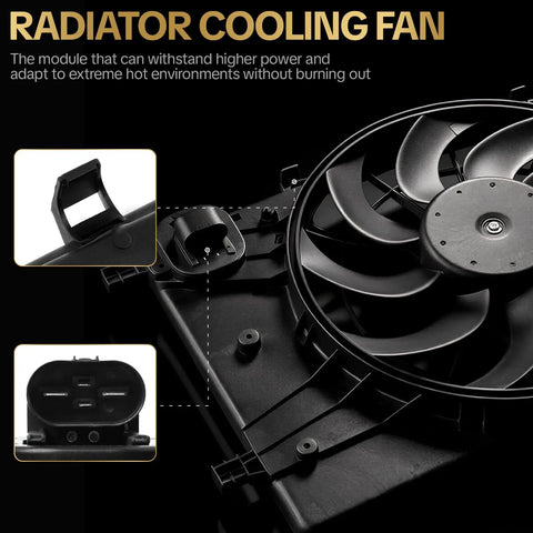 Close-up view of No Sweat Plug And Play Engine Radiator Cooling Fan Assembly for easy installation on Chevrolet Cruze and Buick Verano.