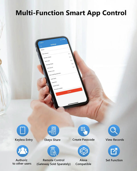 Person holding smartphone showing app for Keyless Entry Smart Lock With App Control And Touchscreen Keypad, 5 In 1 Access.