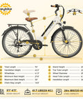 Cityscape 2.0 Electric Commuter Bike For Adults With 468Wh Removable Battery 26 Inch Wheels measurement chart in chalky white