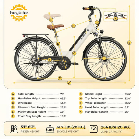 Cityscape 2.0 Electric Commuter Bike For Adults With 468Wh Removable Battery 26 Inch Wheels measurement chart in chalky white