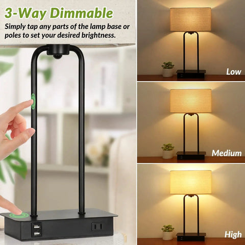 Must Have Set Of 2 Modern Table Lamps With USB Ports And AC Outlet, Touch Three Way Dimmable Bedside Lamps With Cream Fabric Shades