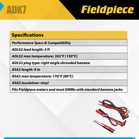 Specification sheet with ADK7 Deluxe Silicone Test Lead Kit Pro Grade Heavy Duty For HVACR Multimeter Lead Set and red-black leads.