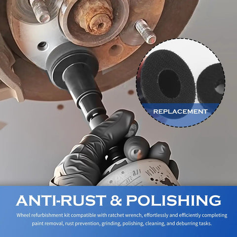 Close-up of Clean Sweep Rust Removal 5 Piece Wheel Hub Cleaning Kit with tool in use for anti-rust polishing on brake rotor.