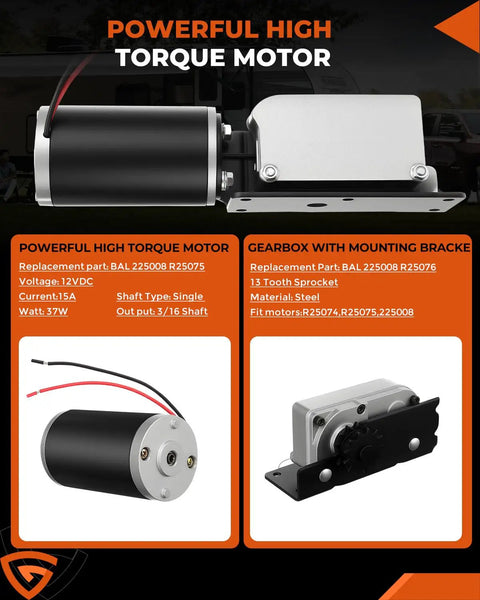 RV Slide Out Motor And Gear Housing Replacement For Accu-Slide Cable System, motor and gearbox displayed with specs