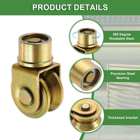 Built Tough 1.9 Inch Sliding Gate Wheels 4 Pack Smooth Operator 360 Degree Swivel V Groove Caster Pulleys showing a gold swivel wheel detail.