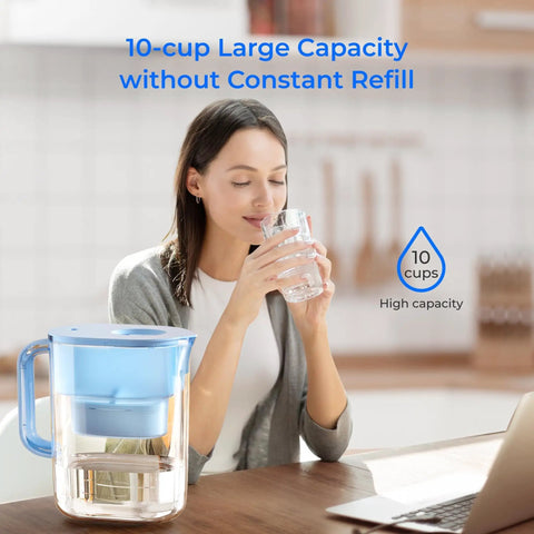 Ten Cup Water Filter Pitcher Bundled With Three NSF Certified Cartridges For Straight Up Clean Hydration And No Nonsense Flavor That Hits Different Every Time You Sip, shown with a woman drinking.