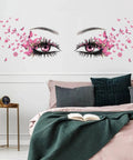 Eyelash Eyes Wall Stickers With Flying Butterflies, Girly Heart Decor Vinyl Art Decals applied above bed in bedroom