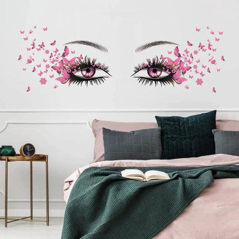 Eyelash Eyes Wall Stickers With Flying Butterflies, Girly Heart Decor Vinyl Art Decals applied above bed in bedroom