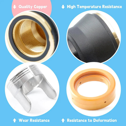 2 Pack Titanium Plasma Cutter Tip Kit Replacement with copper tips, black nozzle, and spare brackets highlighting durability features.