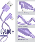 3 Pack 6 Foot Lightning Cables With 90 Degree Connectors, Apple MFi Certified iPhone Chargers For Fast Charge Up To 2.4A And 480 Mbps Data Transfer, Durable Nylon Braided Cords For Everyday Use, purple cable close-up