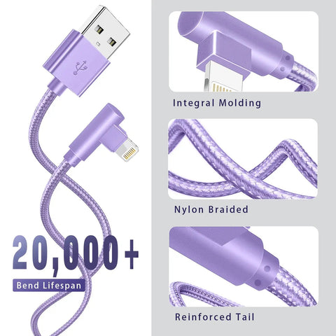 3 Pack 6 Foot Lightning Cables With 90 Degree Connectors, Apple MFi Certified iPhone Chargers For Fast Charge Up To 2.4A And 480 Mbps Data Transfer, Durable Nylon Braided Cords For Everyday Use, purple cable close-up