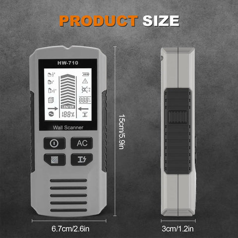 Hilitand Wall Scanner Stud Finder Detector 3 Scanning Modes Live AC Wires Up to 80mm Deep with LCD Display shown from the front and side.