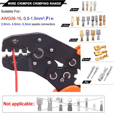 Heavy Duty Wire Crimping Pliers With Ratchet For Open Barrel Terminals close-up cutting wire, showing crimping range and sizes