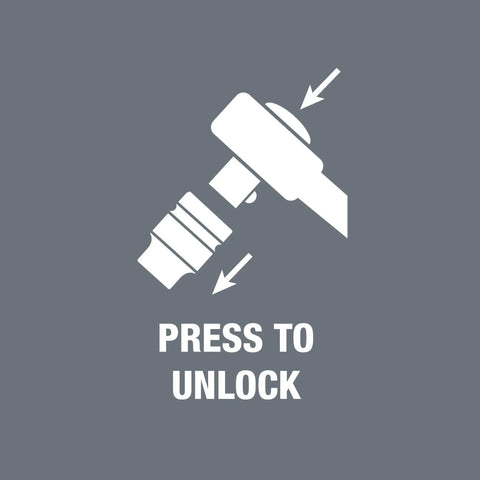 Diagram showing press to unlock function on Zyklop Speed Ratchet Set 3/8 Inch Drive Imperial, 29-Piece, 72-Tooth Fine Pitch, Pro Grade Tool Kit.