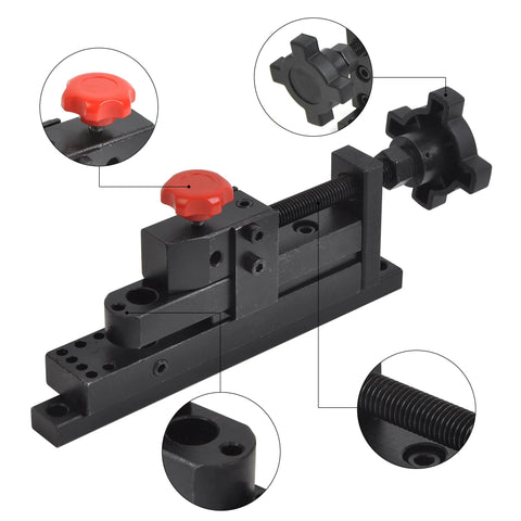 Front view of WINMAX mini universal bending tool; black base, red knobs, threaded rod
